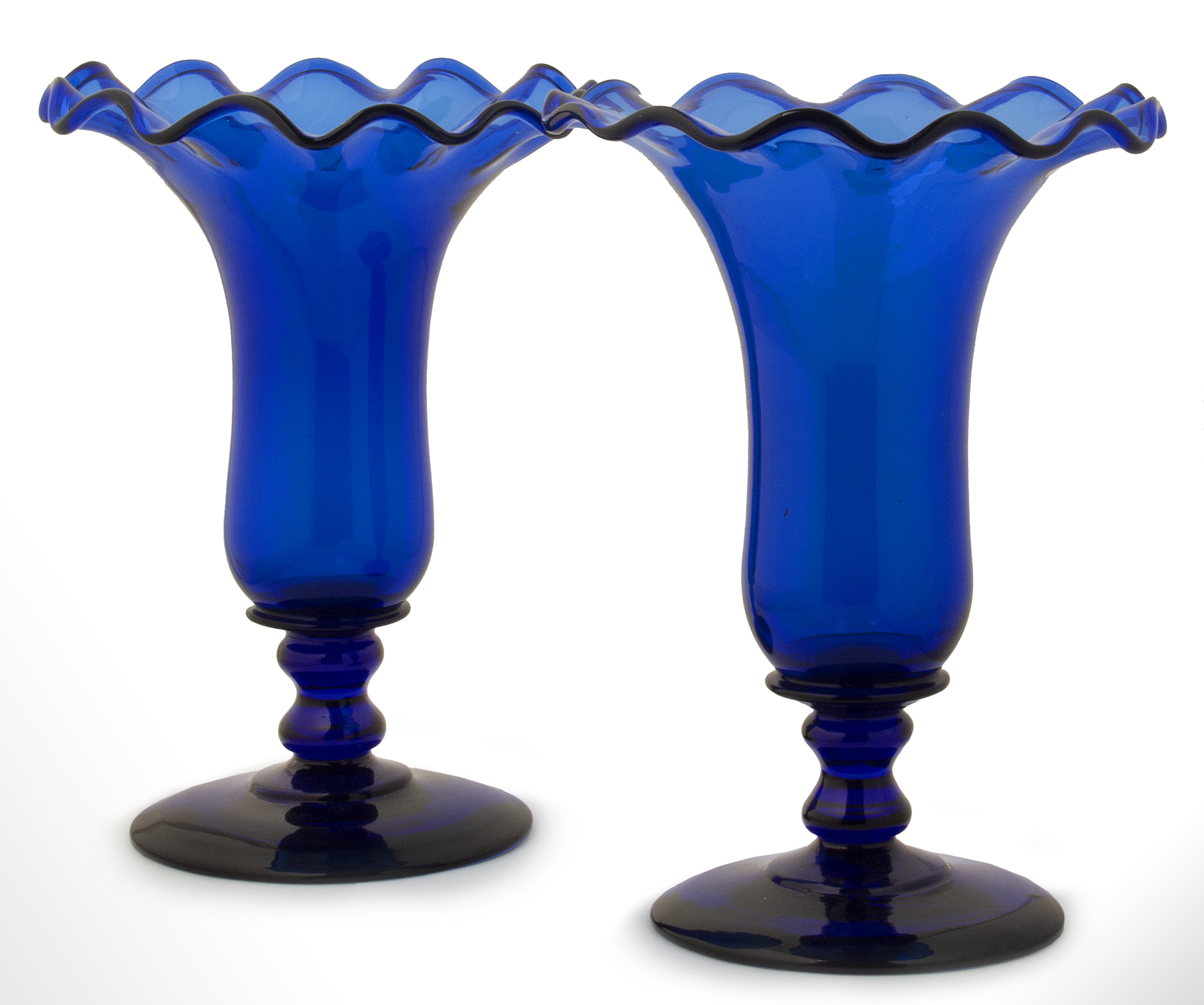 Free-Blown Vases, Folded & Crimped Rim, Cobalt 
Attributed to the New England Glass Co., or Boston and Sandwich
Circa 1840-1860, entire view 1